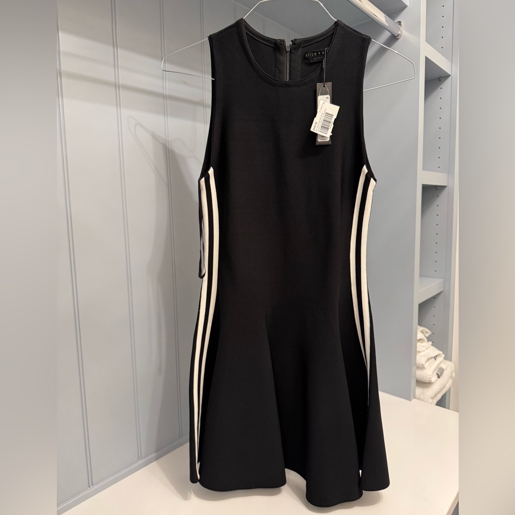 Nwt, Alice + Olivia Black Mini Dress With White Stripes, Never Worn Before